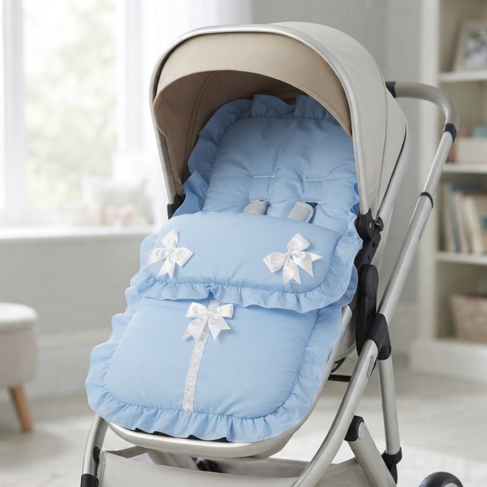 Plain Sky/White Footmuff/Cosytoes With Large Bows & Lace Plain Sky/White Footmuff/Cosytoes With Large Bows & Lace